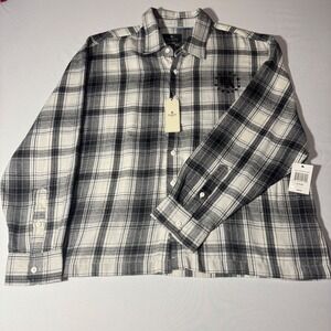 Saints Studio Mens XL Flannel Shirt Ivory Grey Plaid LA Graphic D2857-X7288 NWT